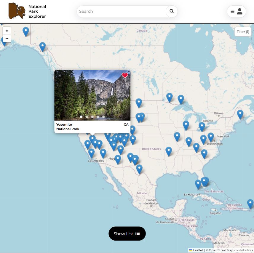 Screenshot of National Park Explorer Application Map